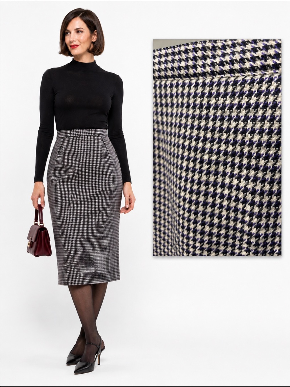Marcella Priani 100% Wool Houndstooth Midi Pencil Skirt Black White Size 10